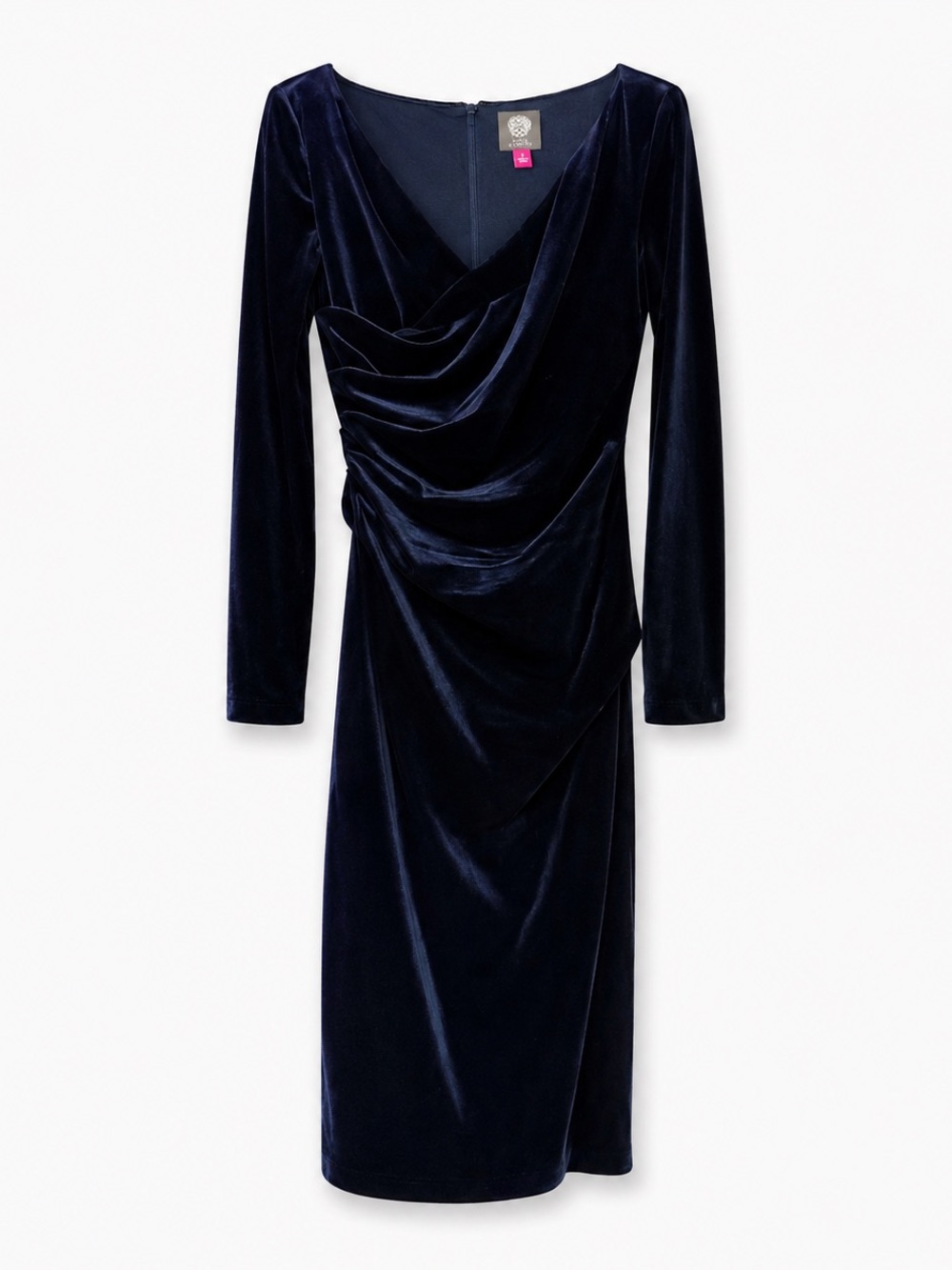 Vince Camuto Navy Velvet Draped Long-Sleeve Midi Dress